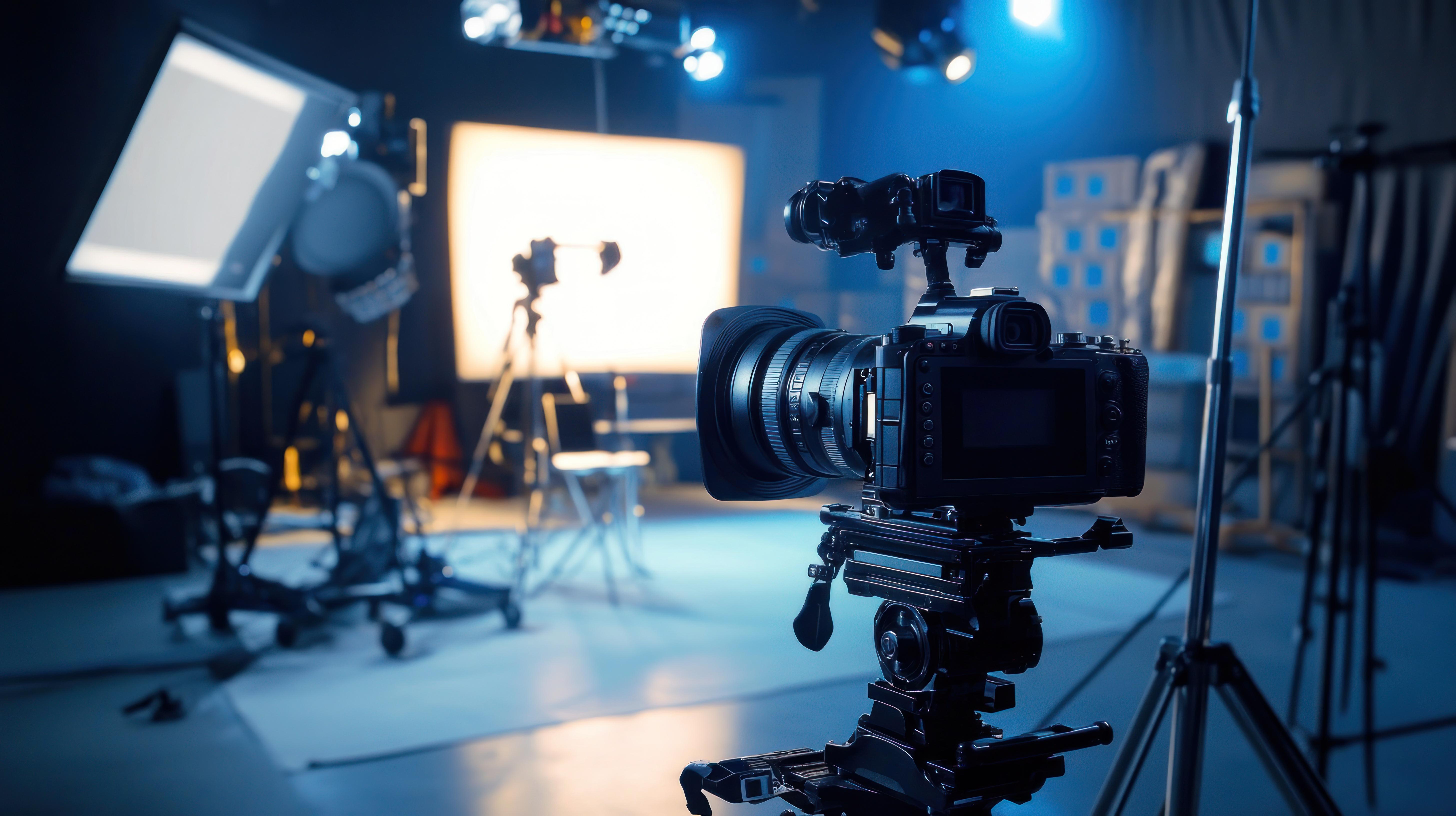 Professional cinema camera on a fluid-head tripod inside a production studio